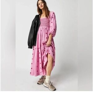 Pink Smocked Midi Dress